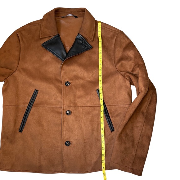 Zara Mens Jacket XL Brown Faux‎ Suede Black Trim Button Front Collared Coat - Picture 6 of 10